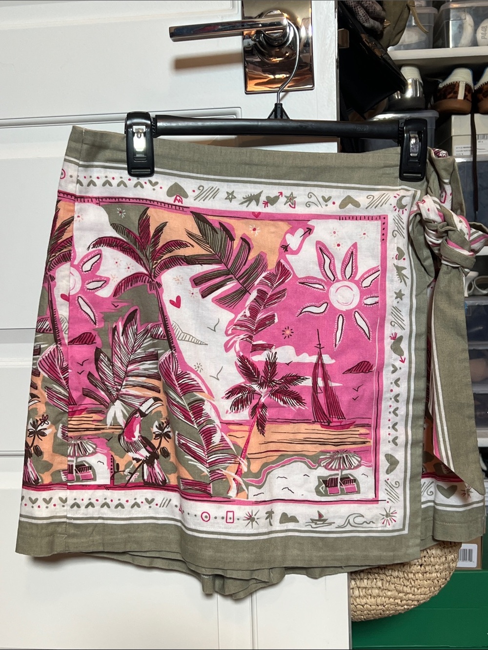 LOFT Pink Tropical Print Wrap Skort with Olive Trim